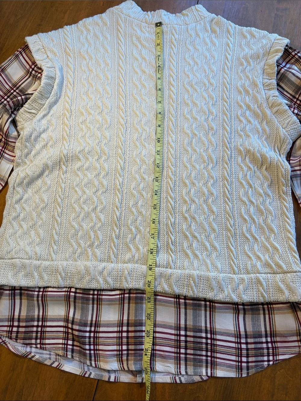 Maurices Cream Cable-Knit Sweater Vest with Plaid Layered Hem and Sleeves